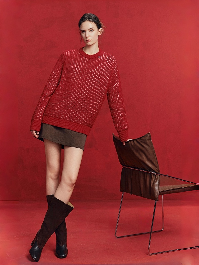 Red Christmas Merino Wool Hollow-Out Knit Sweater for Women – New Soft, Relaxed & Cozy Loose Pullover