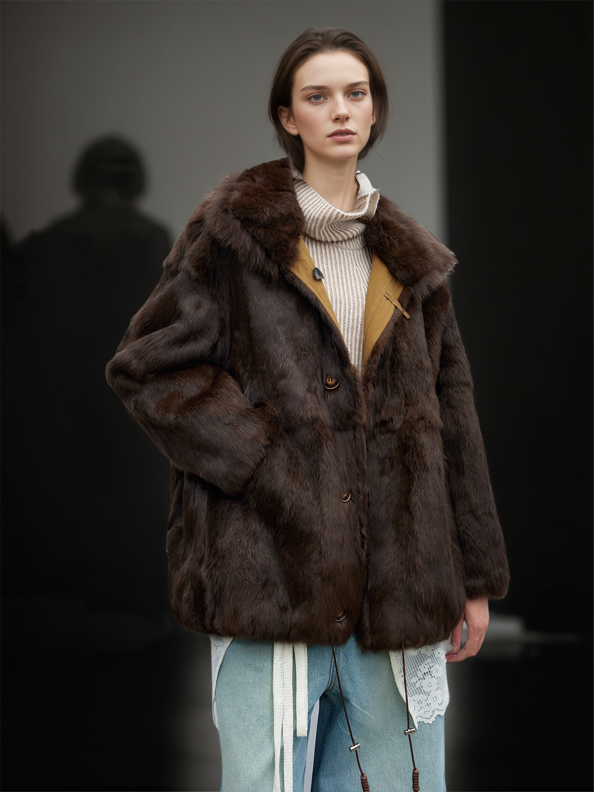 Women’s Mid-Length Parka Coat with  Fox Fur Hood and Faux Rabbit Fur Lining | Winter Jacket