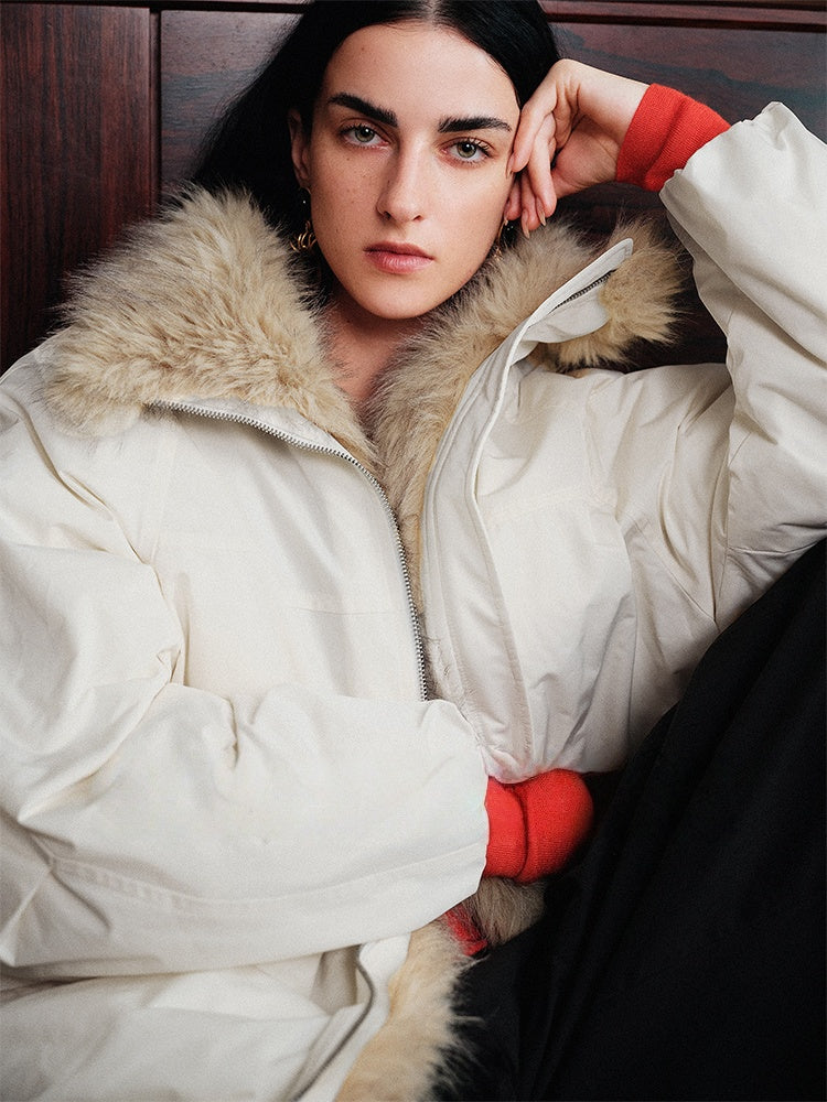 Eco-Friendly Faux Fur Flower Bud Collar Puffer Jacket | Stylish Short-Length & Versatile Women's Outerwear