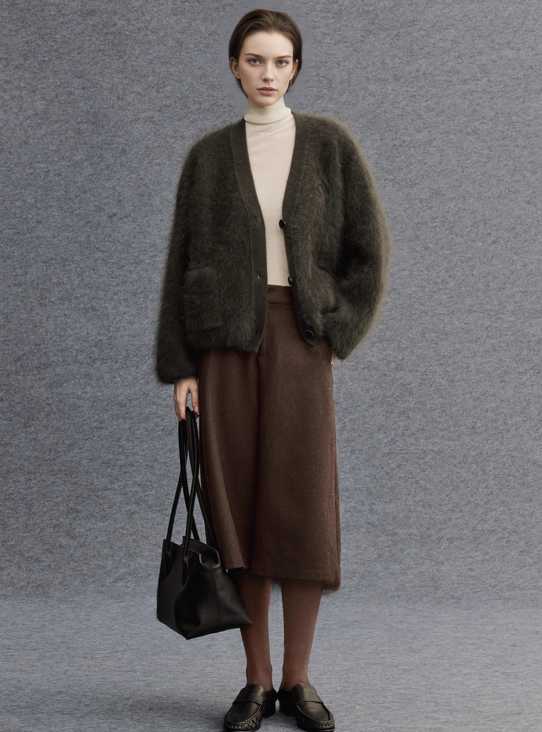 Brushed Merino Wool Knit Sweater | Minimalist Relaxed-Fit Brushed Short Jacket for Women