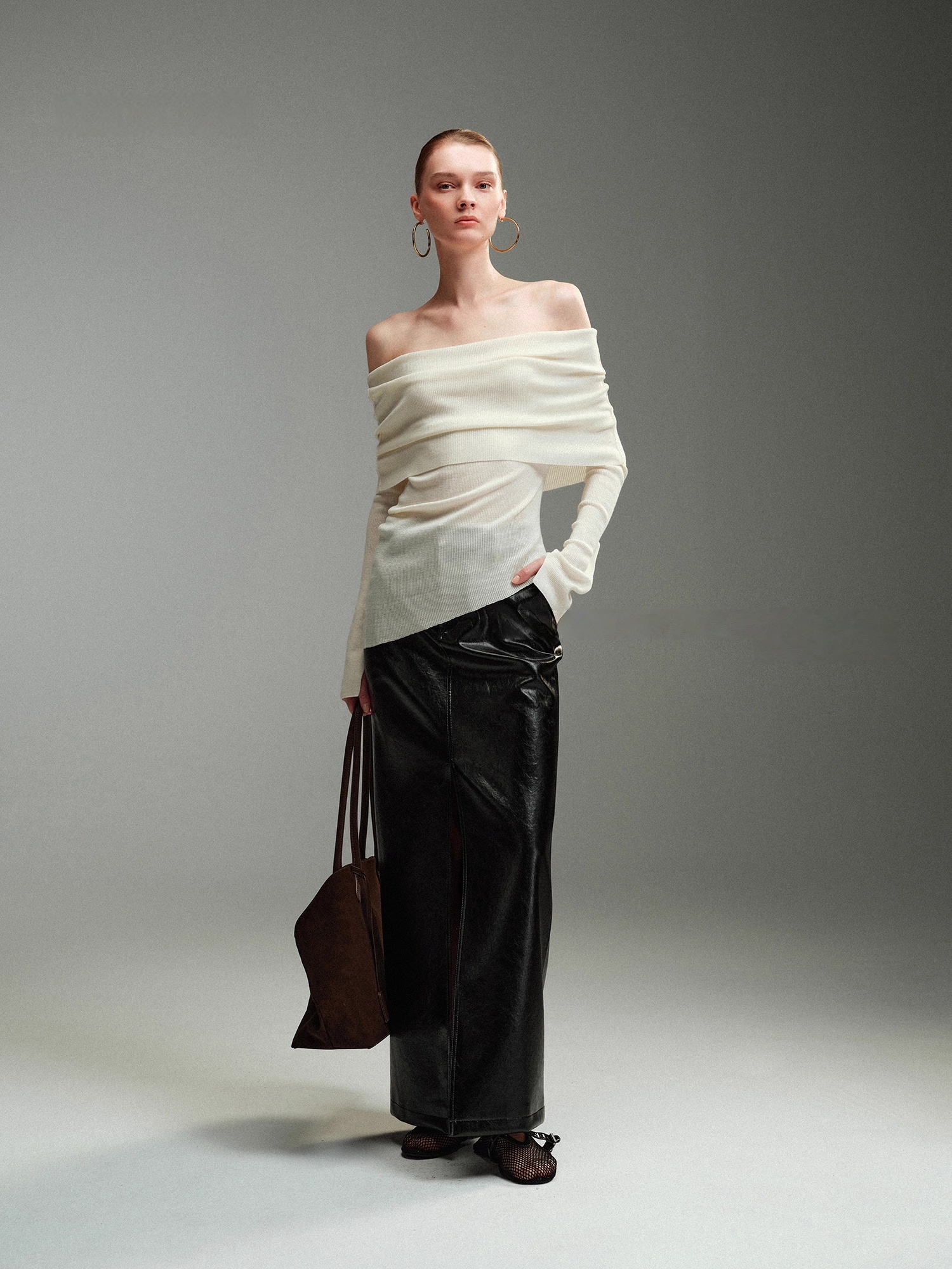 Pure Wool Fine-Rib Off-Shoulder Drape Neck Knit Top for Women – Elegant Spring/Fall Sweater