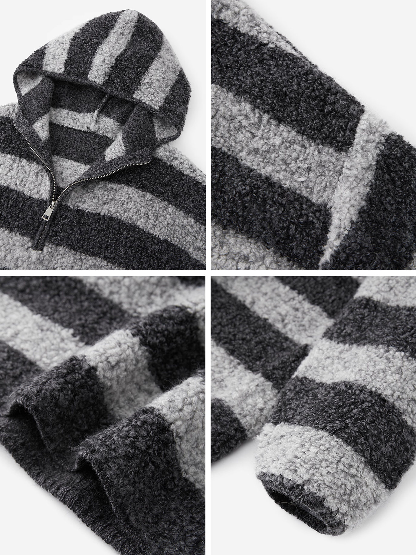 Pure Wool Hooded Striped Sweater for Women | Relaxed Half-Zip Loose-Fit Textured Knit Pullover