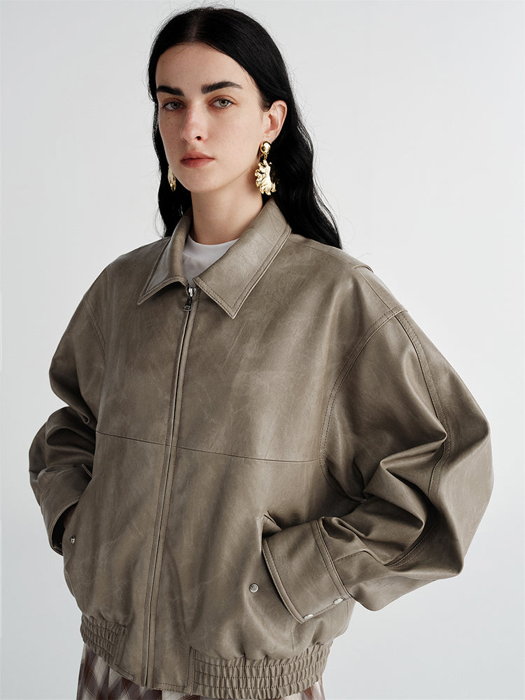 Vintage Brown Moto Jacket – Eco Leather Short Coat for Women with Lapel Collar