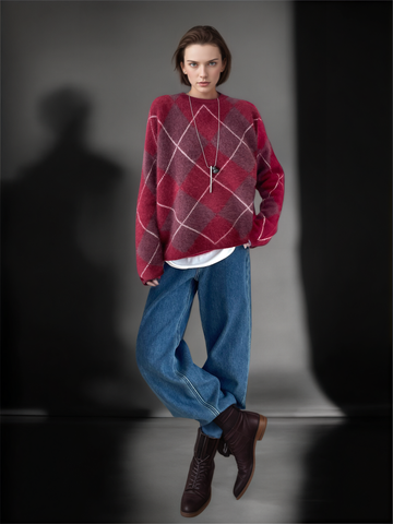 Women’s Wool Cashmere Argyle Knit Sweater | Loose Fit British Style Pullover for Fall Winter