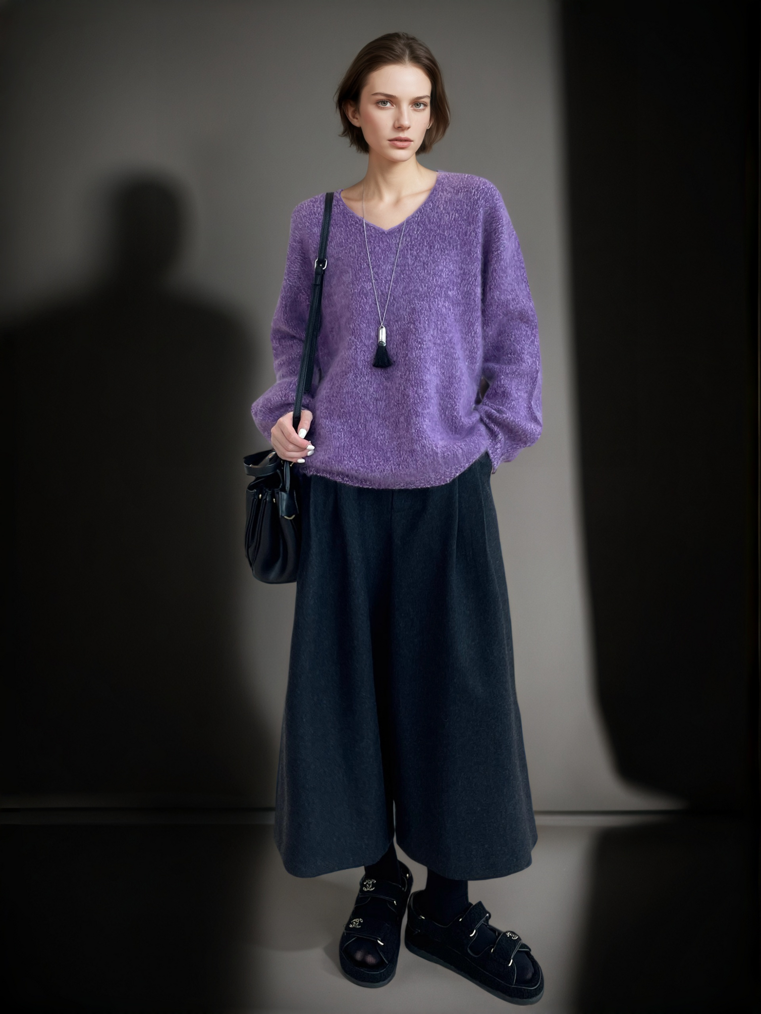 Women’s 100% Wool Brushed Knit Sweater | Seamless Two-Tone V-Neck Pullover with Soft Fuzzy Texture