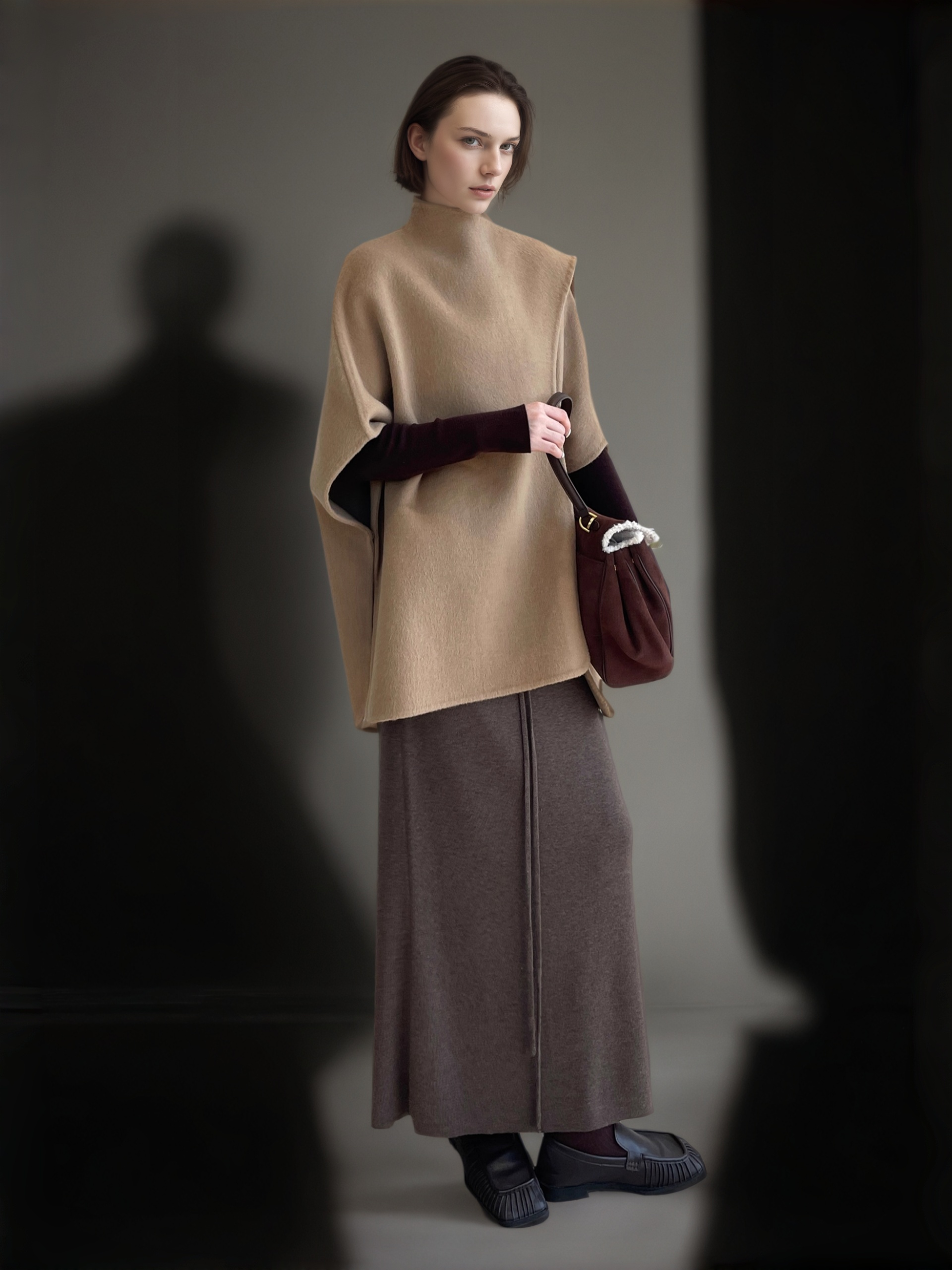 Tencel Wool Double-Faced Shawl Cape Coat for Women | Asymmetric Art-Inspired Deconstructed Design