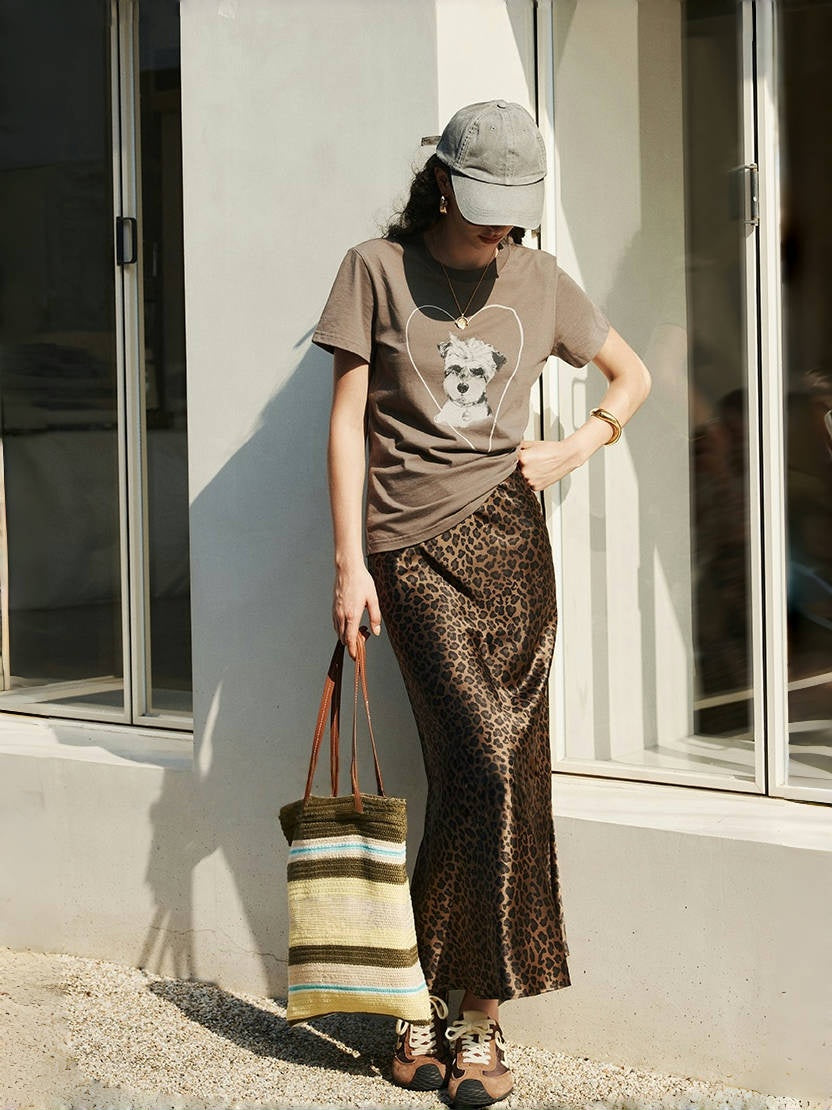 Vintage Leopard Print Skirt – 100% Mulberry Silk Crepe Satin in Bronze Tone