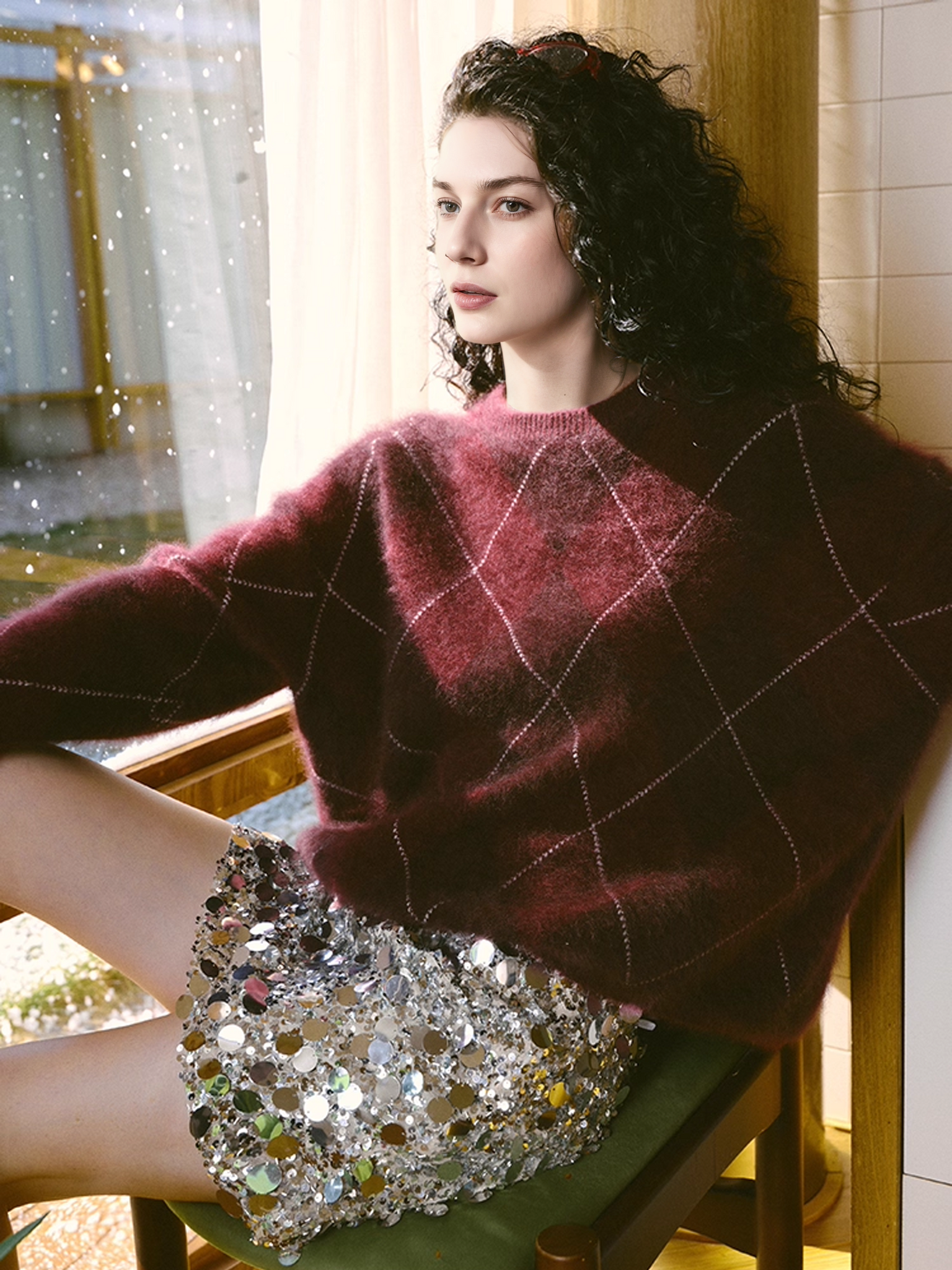 Cozy Heavyweight Brushed 100% Cashmere Diamond-Pattern Sweater for Women — Festive Christmas Knit