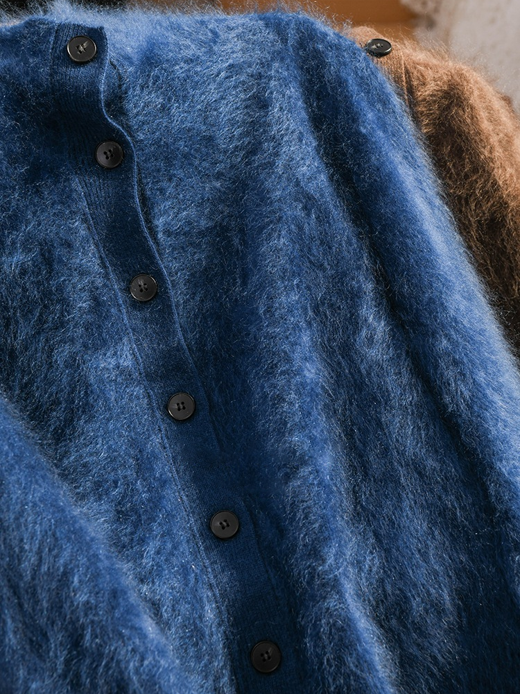 Premium Brushed  Cashmere 100% Stand-Collar Button Cardigan for Women