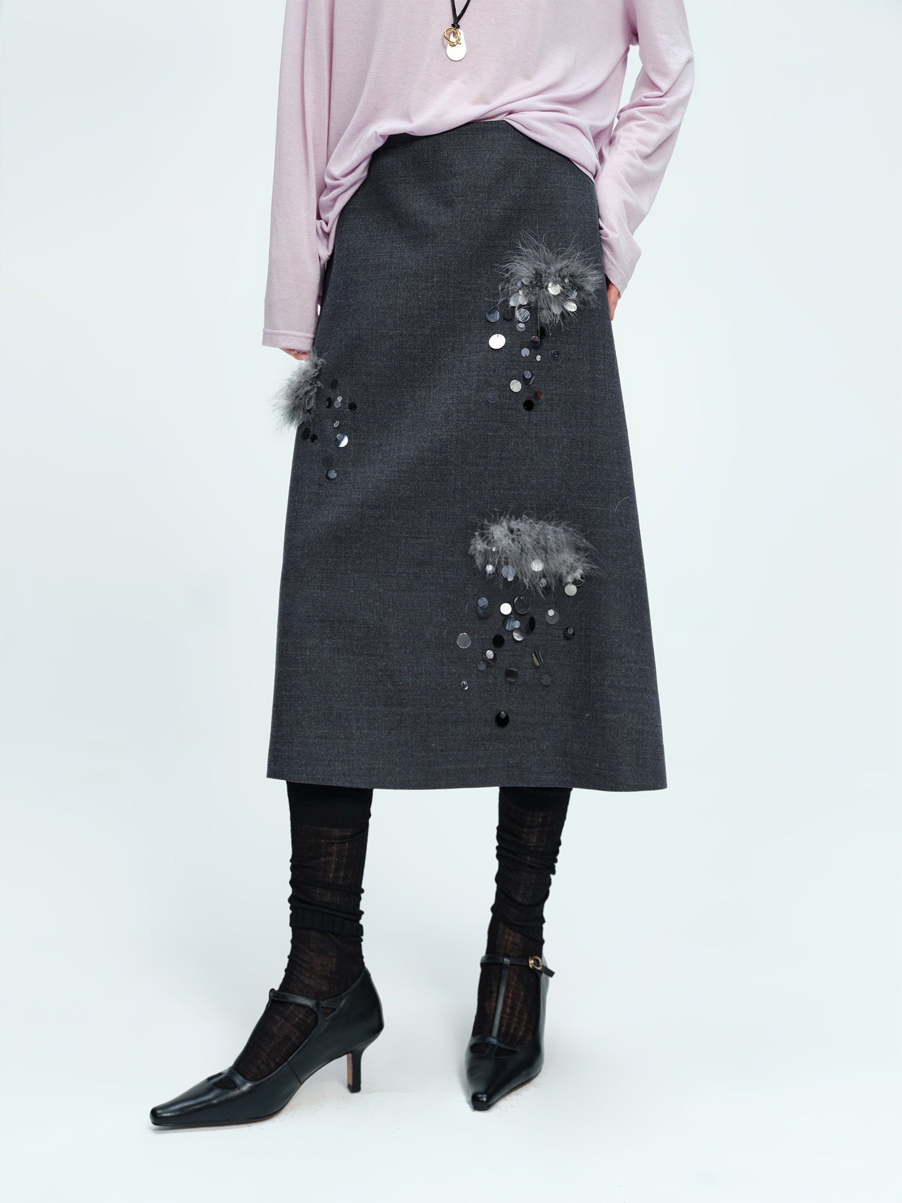 Hand-Beaded Wool A-Line Midi Skirt with Rare Imported Turkey Feathers | Luxury One-Piece Design