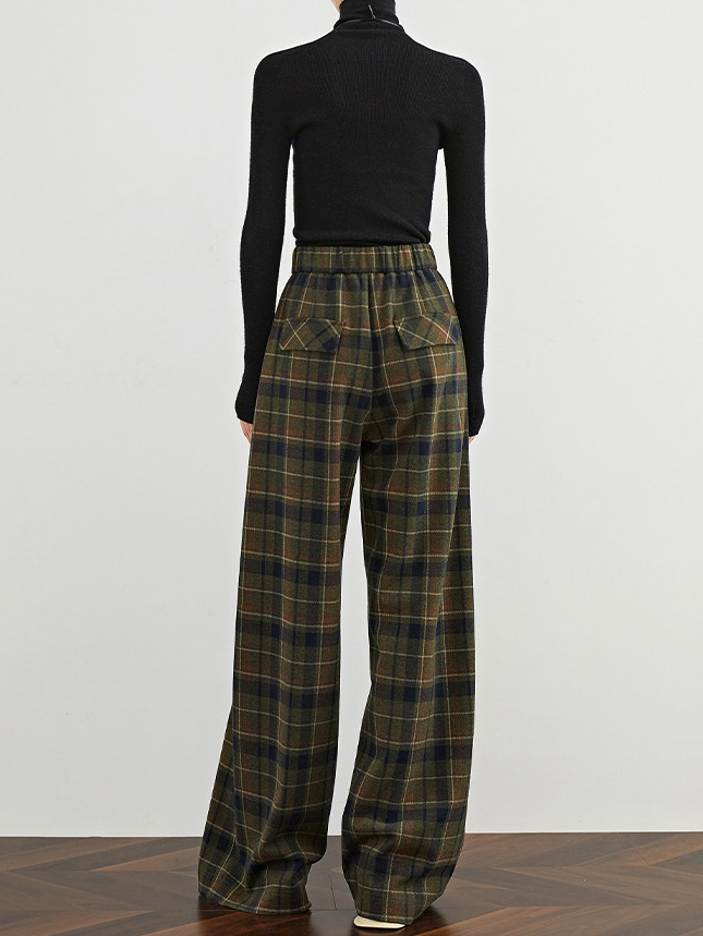 Women's Vintage Plaid Wide-Leg Pants – High-Waist Relaxed Fit Extended Casual Trousers with Elastic Waist