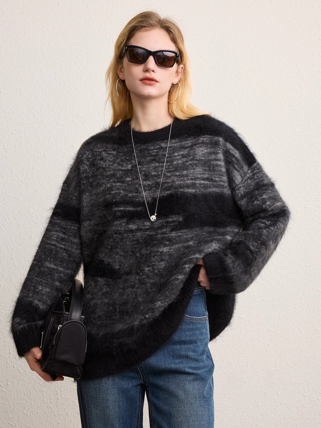 Gradient Two-Tone Brushed Knit Sweater for Women | Wool-Cashmere Blend Textured Jacquard Pullover