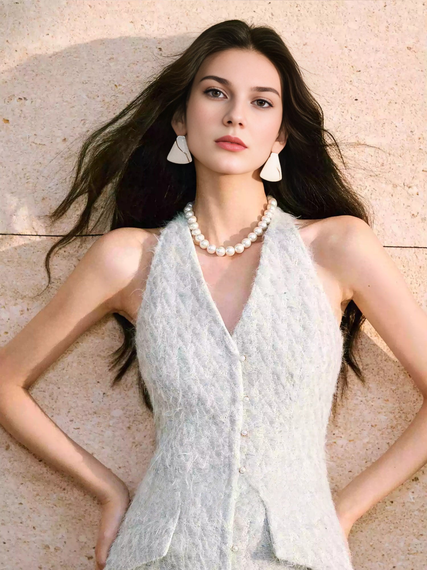 Luxury Wool Jacquard Tweed Set – Long-Hair Color-Yarn Bouclé Short Boxy Jacket & Halter Dress