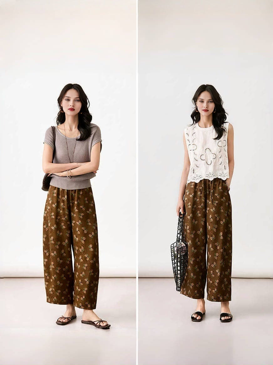 Intangible Heritage Gambiered Silk & 22 Momme Mulberry Silk Hualuo Casual Pants