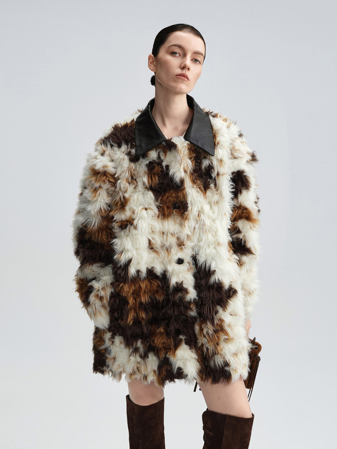 Cow-Pattern Faux Fur Coat for Women – Winter Colorblock Eco-Friendly Fur Jacket with Contrast Collar