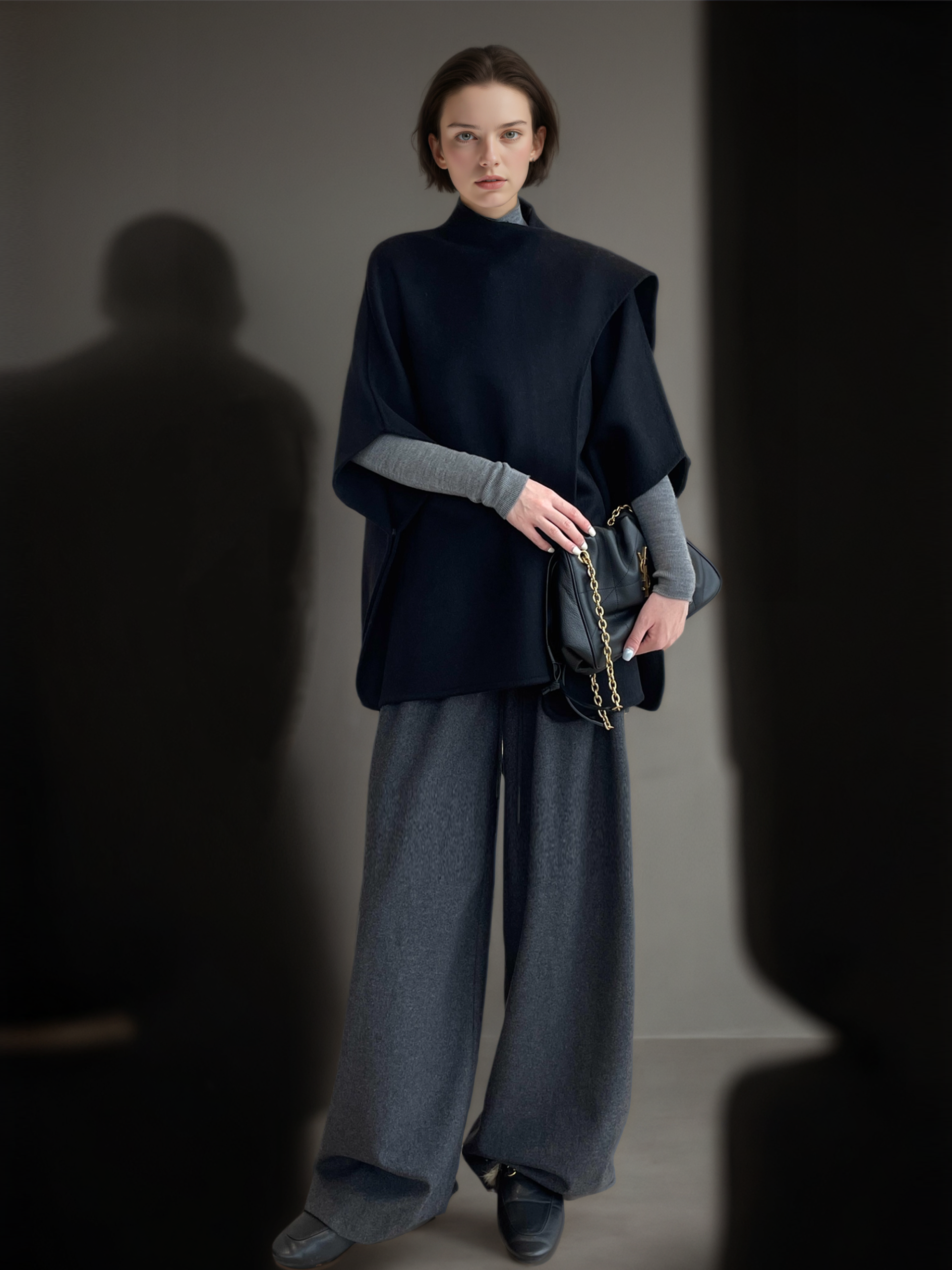 Tencel Wool Double-Faced Shawl Cape Coat for Women | Asymmetric Art-Inspired Deconstructed Design