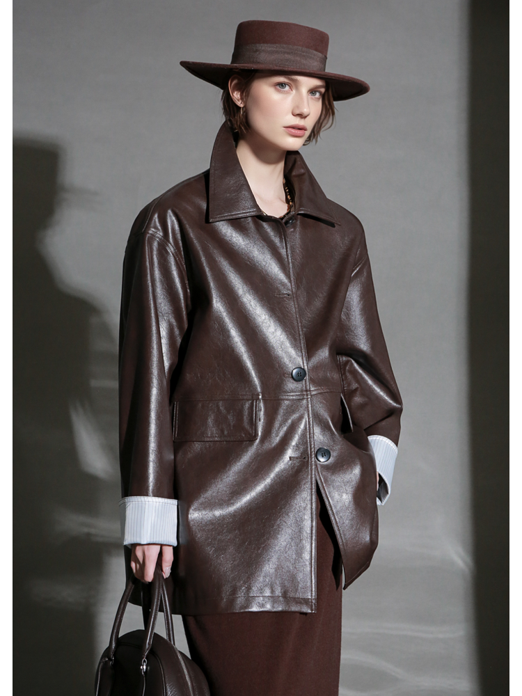 Brown Lambskin Leather Jacket for Women – Short Turn-Down Collar Biker Coat with Striped Cuffs, Chic Fall Outerwear