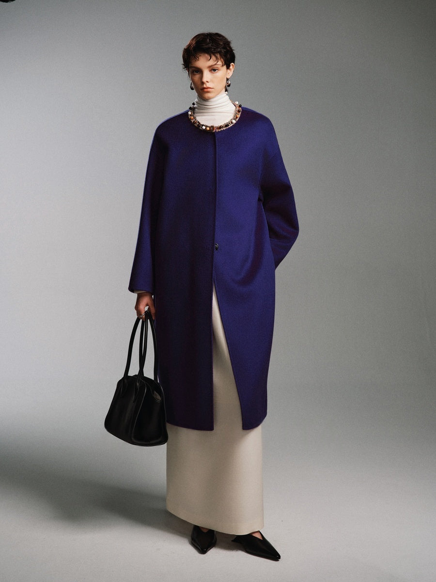 20% Cashmere Original Design Double-Faced Wool Coat for Women – Beaded Embellished Mid-Length Overcoat