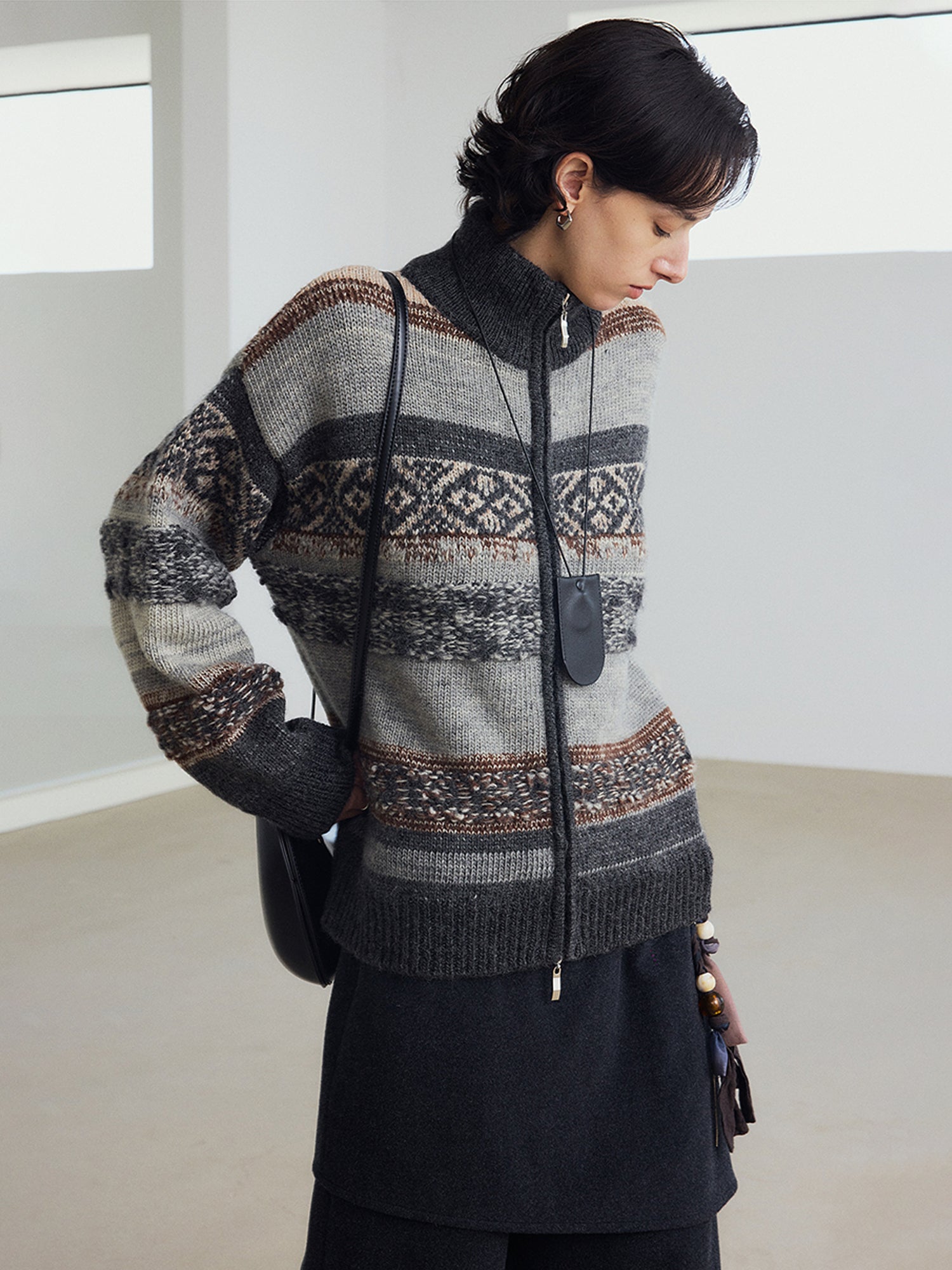 Fair Isle Geometric Knit Vintage High-Neck Sweater Jacket – Double Zipper Stand-Collar Knit for Fall/Winter