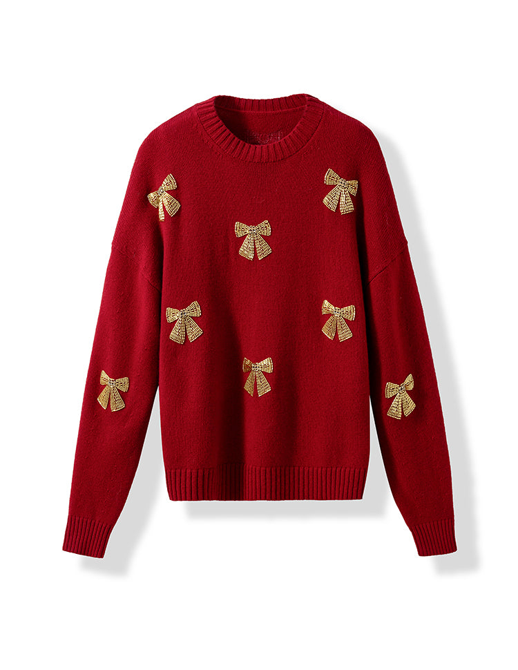 Christmas Collection Beaded Wool Sweater for Women – 100% Merino Wool Crewneck with Bow Detail