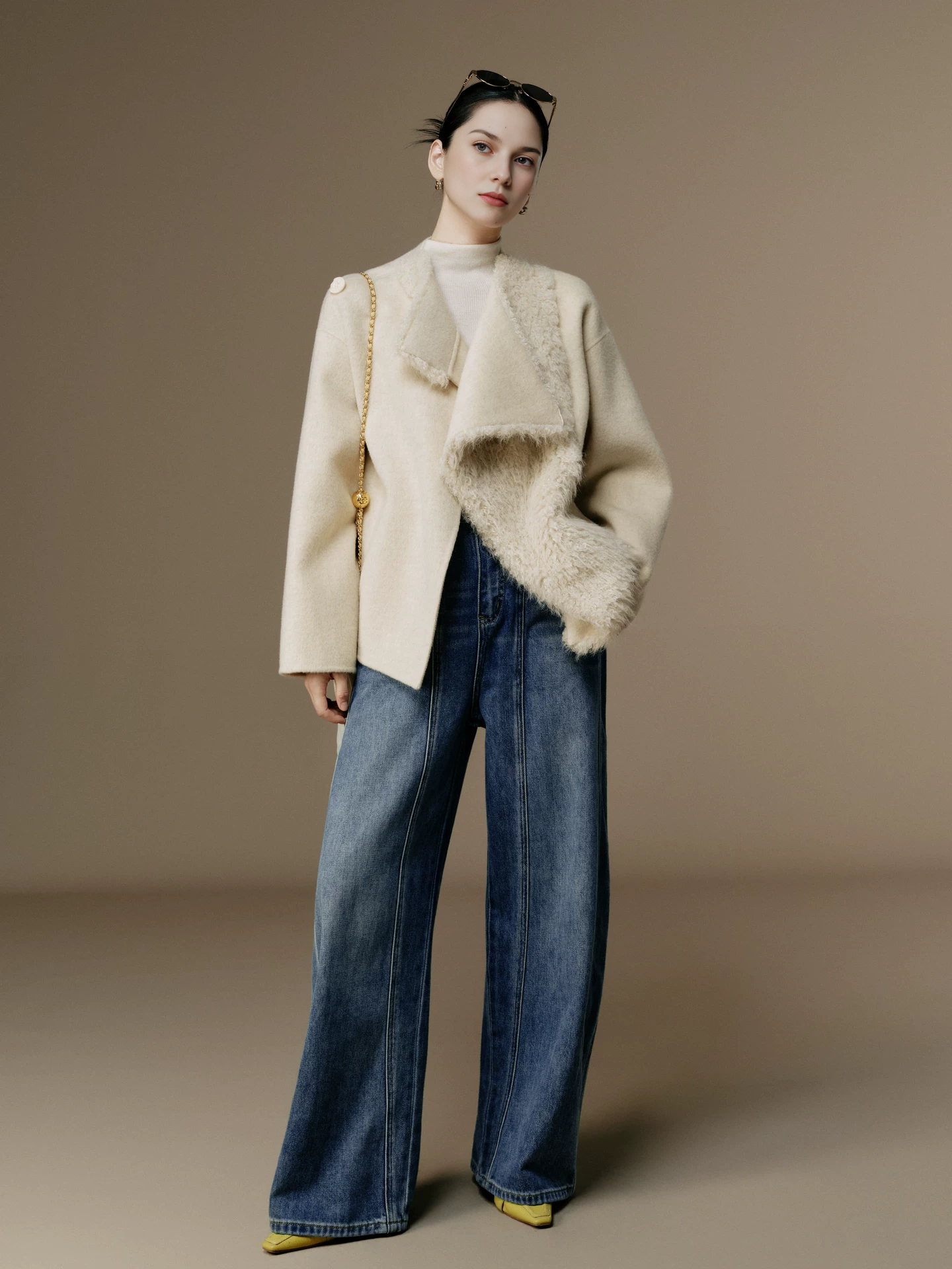 Women's Elegant Two-Tone Pure Wool Double-Faced Coat with Faux Fur Texture – Eco-Friendly Winter Overcoat