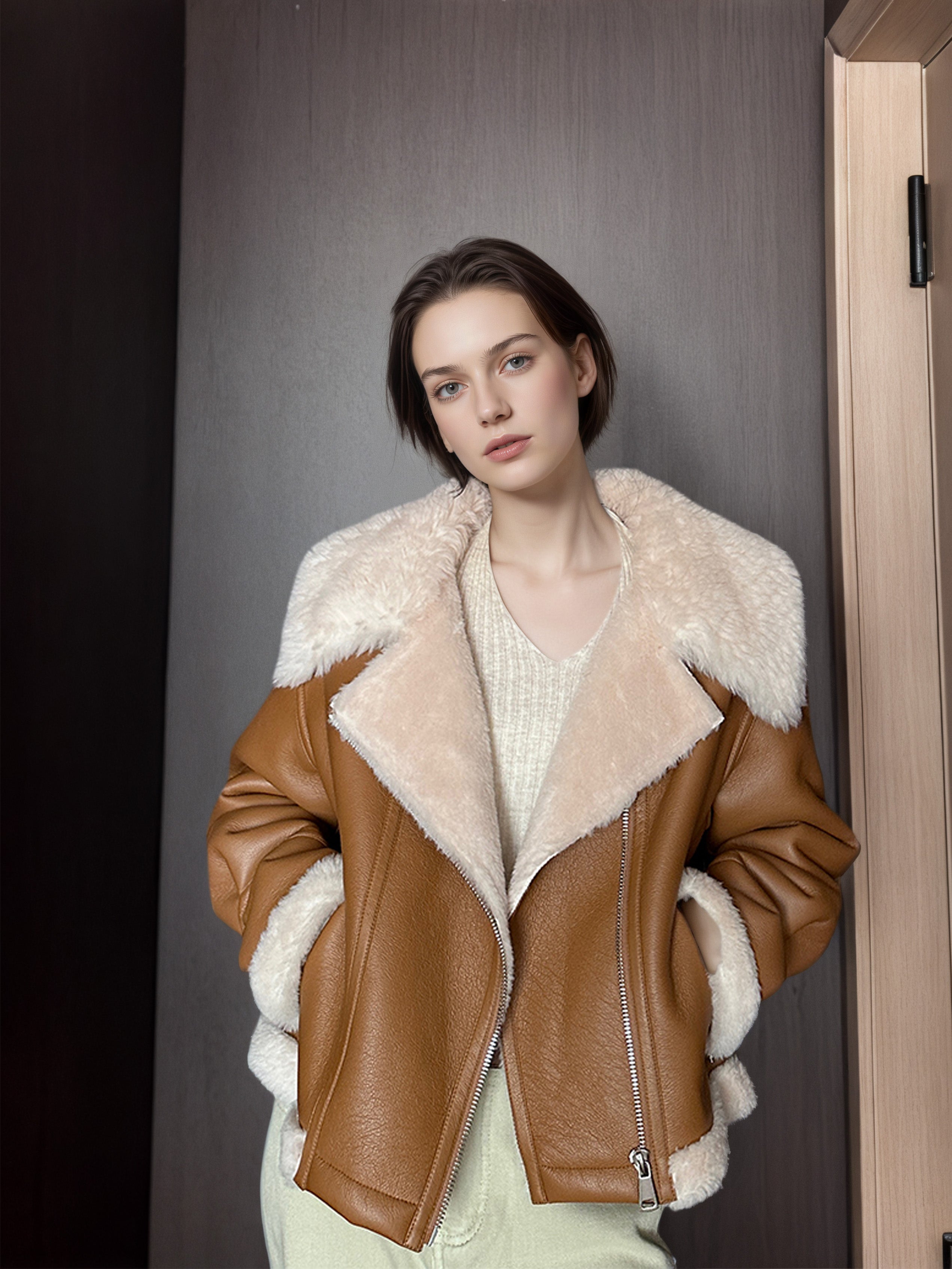 Eco-Friendly Faux Leather & Genuine Wool Shearling Jacket – Plush Flocked Lamb Fur Short Coat for Women