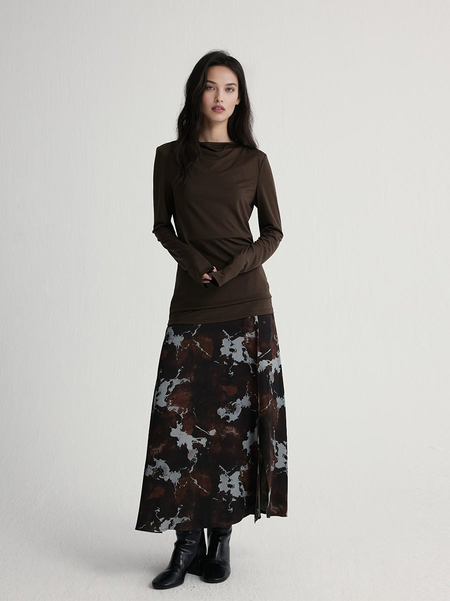 Marble Print Side Slit A-Line Skirt | Elastic Waist Long Midi Skirt