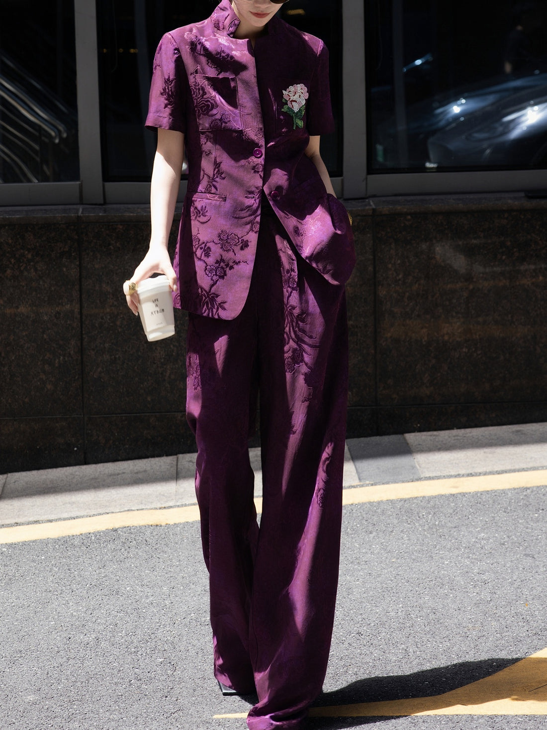 Retro Jacquard Short-Sleeve Shirt + Wide-Leg Pants Professional Two-Piece Set