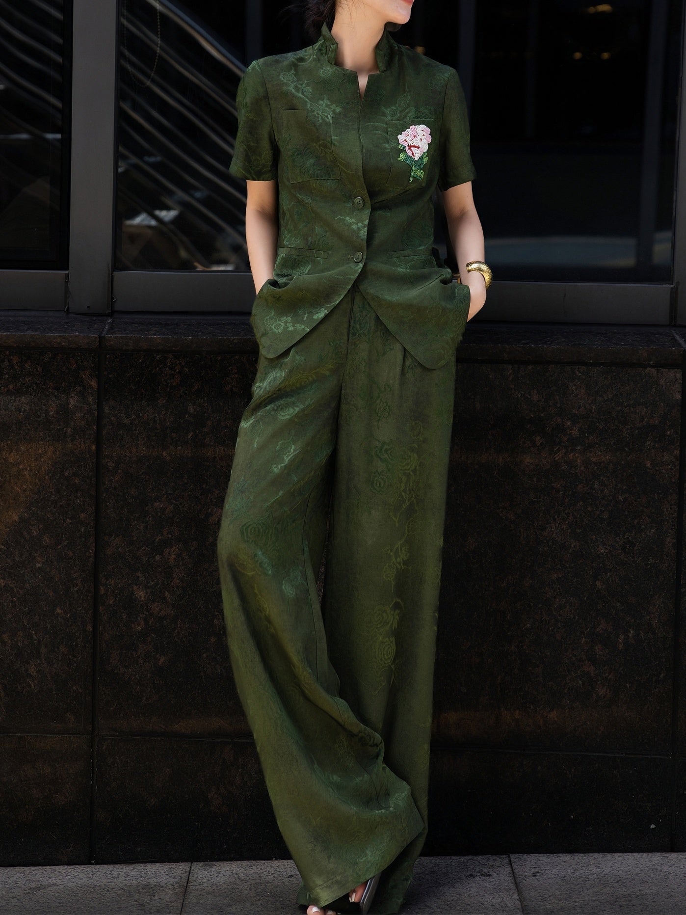 Retro Jacquard Short-Sleeve Shirt + Wide-Leg Pants Professional Two-Piece Set