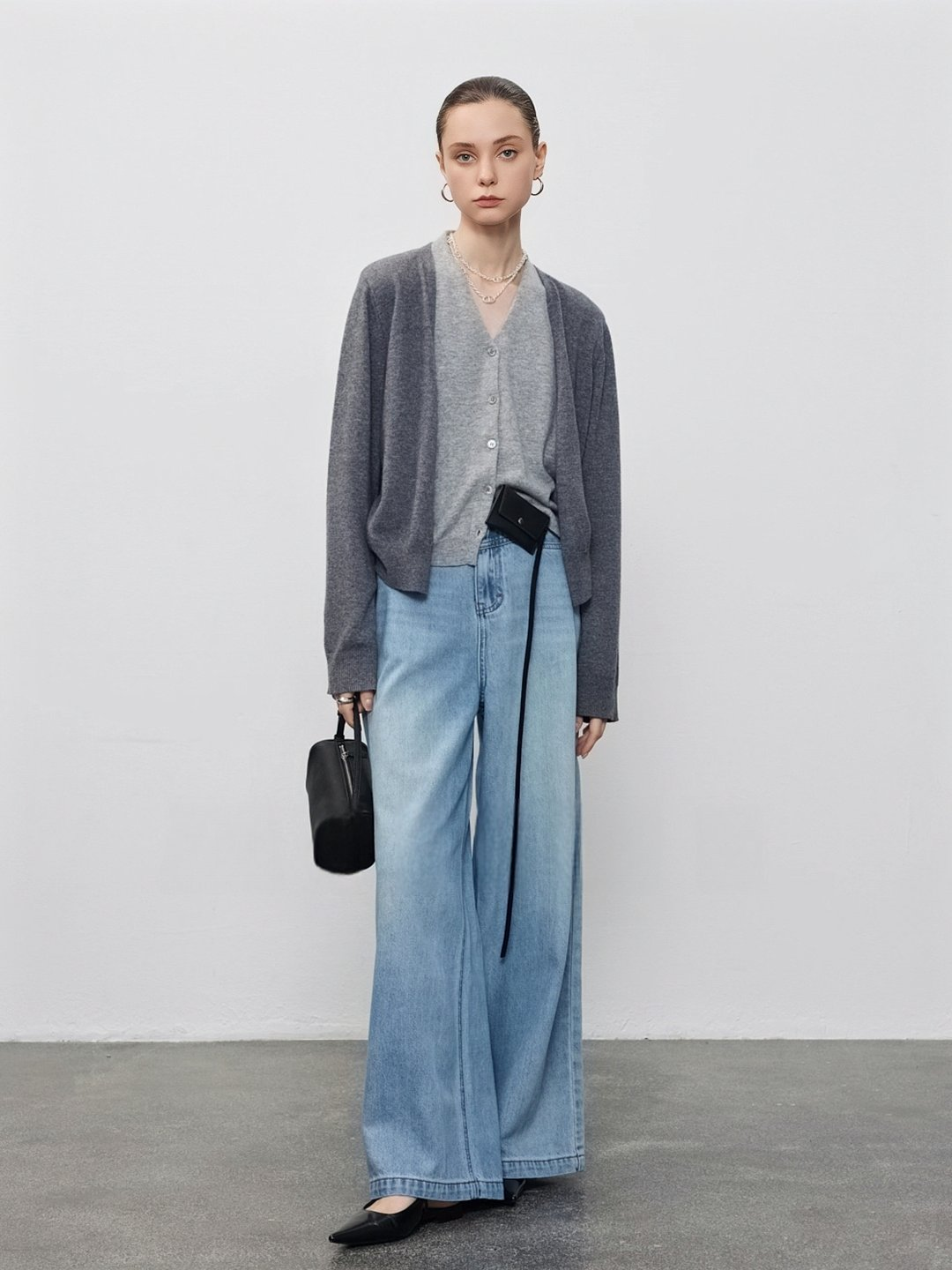 Layered V-Neck Contrast Trim Cardigan Jacket | Gray Wool Knit Unique Fall Top