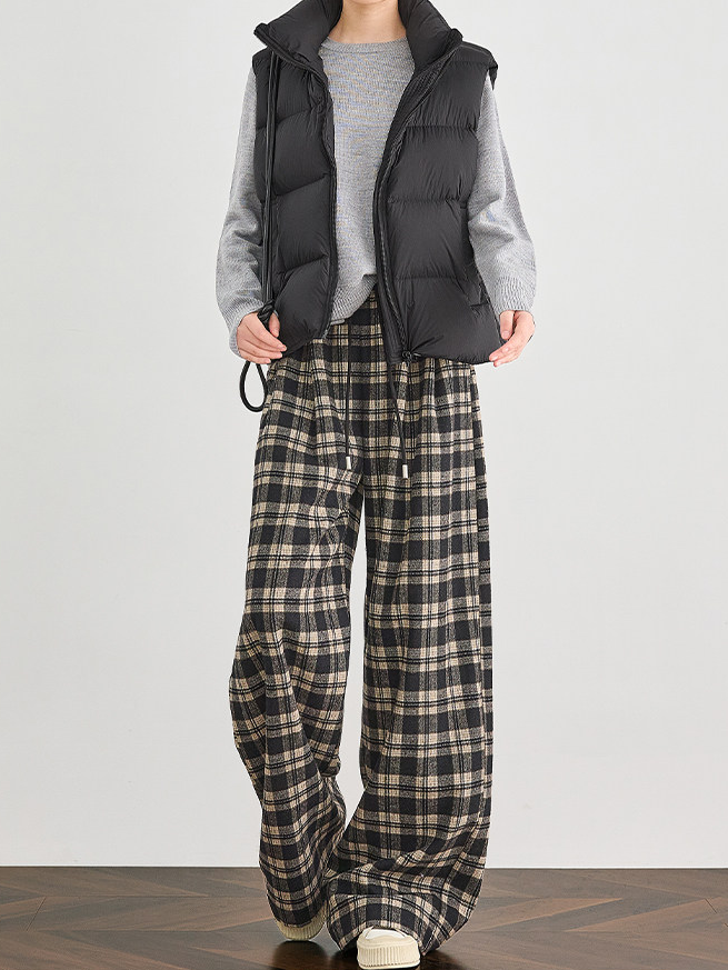 Women's Winter Mocha Plaid Patchwork Wool Wide-Leg Pants – Draped Casual Loose Straight Trousers
