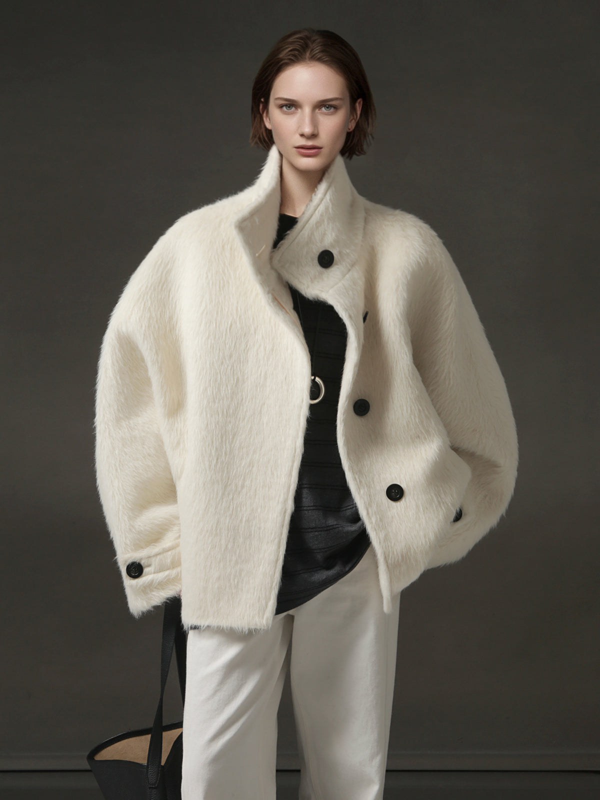 Alpaca Wool Biker Jacket for Women – Stand Collar Suoli Alpaca Coat with Luxe Textured Finish, Winter Chic Outerwear