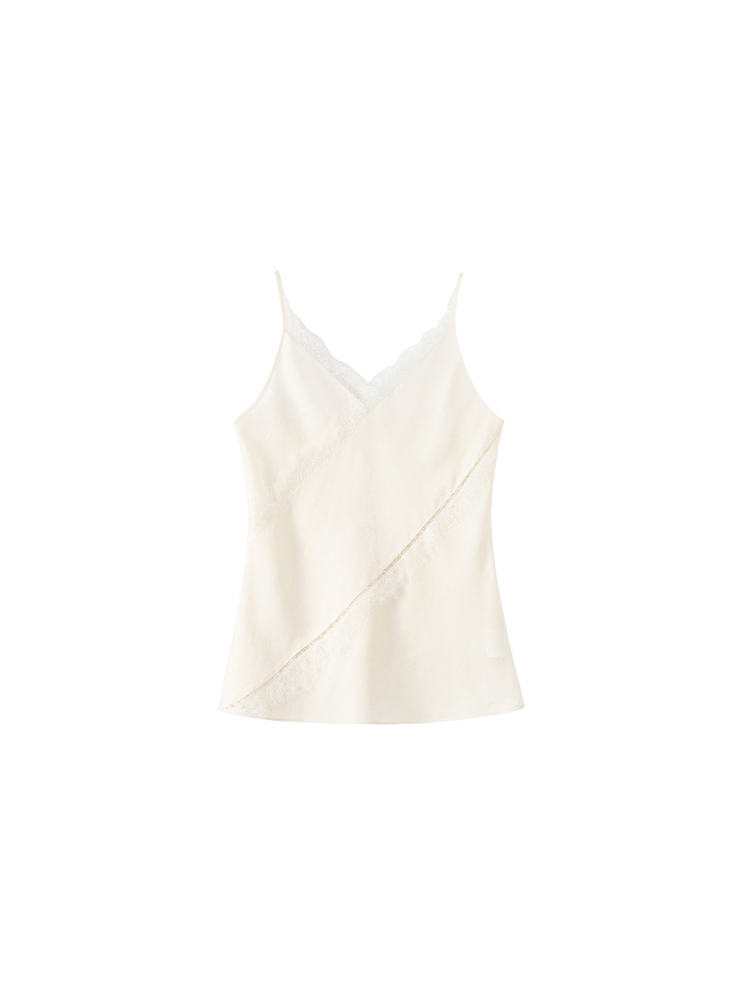 Smooth Satin Weave French Lace Trim Asymmetric Cut Cami Top / Skirt Set