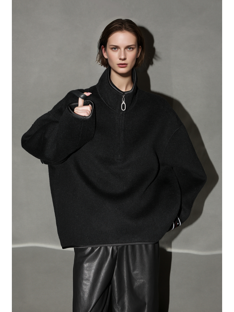 Oversized Camel Hair Sweatshirt Coat for Women – Stand Collar Double-Faced Wool Jacket with Minimalist Luxe Style