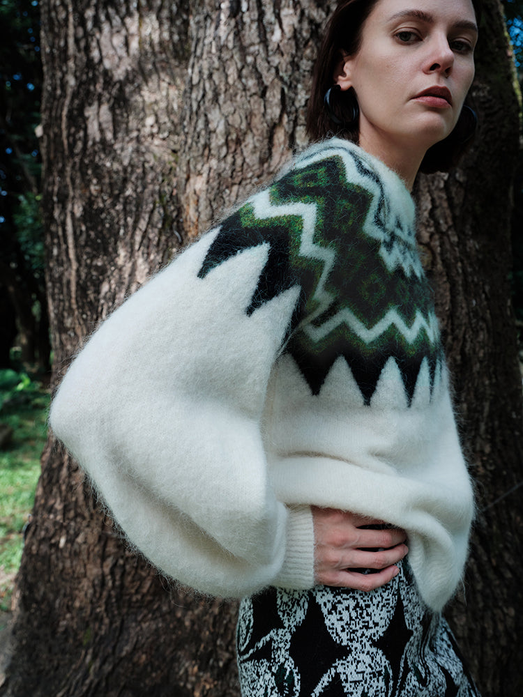 Nomadic Pattern Alpaca Wool & Merino Wool Blend Embroidered Sweater – Misty Fog Effect