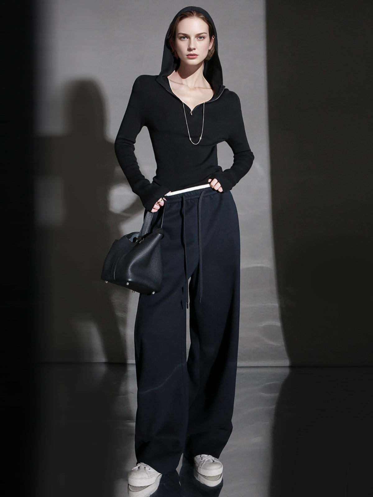 Wool Blend Drawstring Wide-Leg Pants – Color Block Casual Trousers for Women, Trendy Relaxed Fit Banana Pants for Autumn/Winter