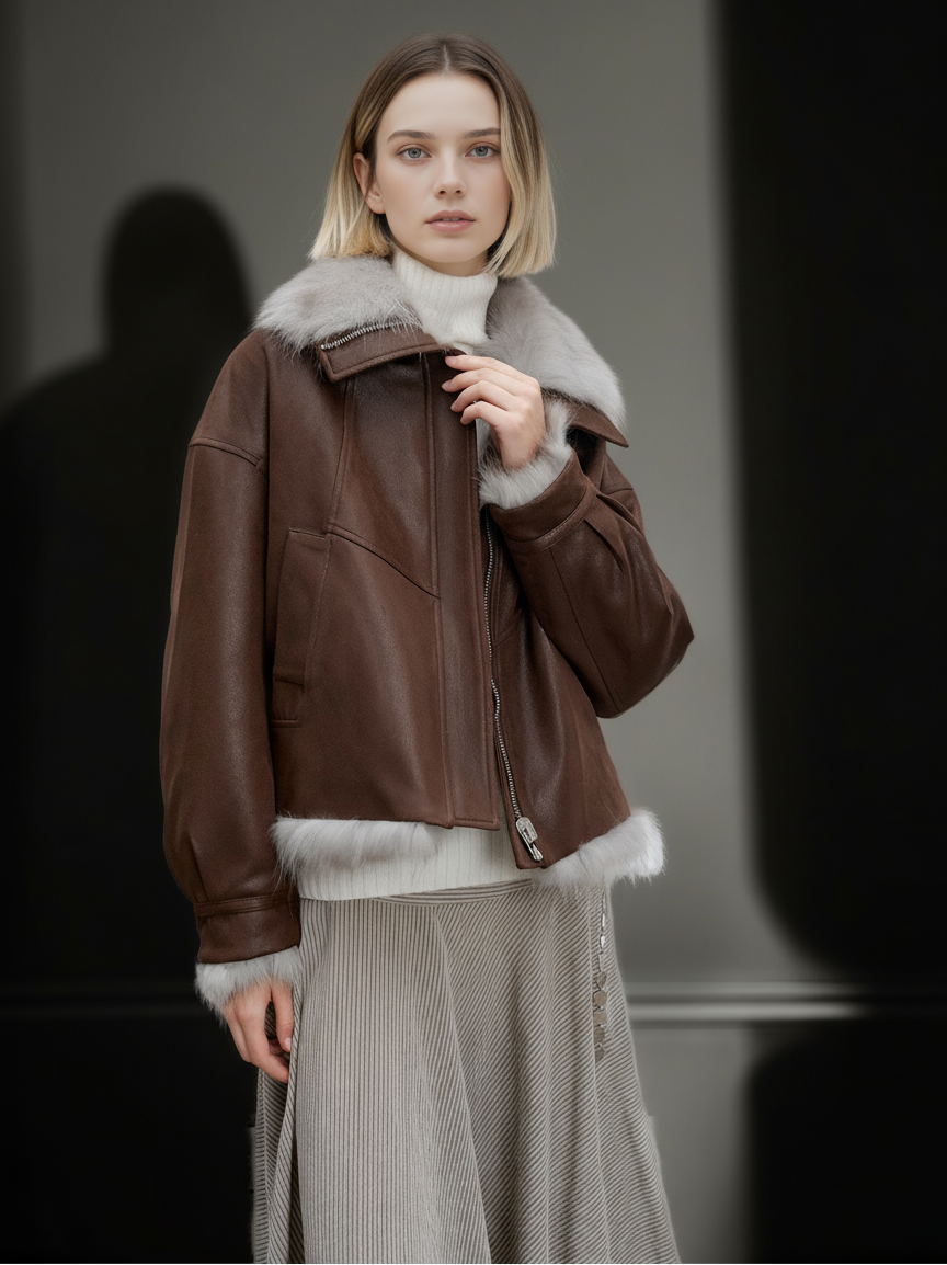 Women’s Reversible Suede Jacket with  Raccoon Fur Collar | Short Winter Biker Coat