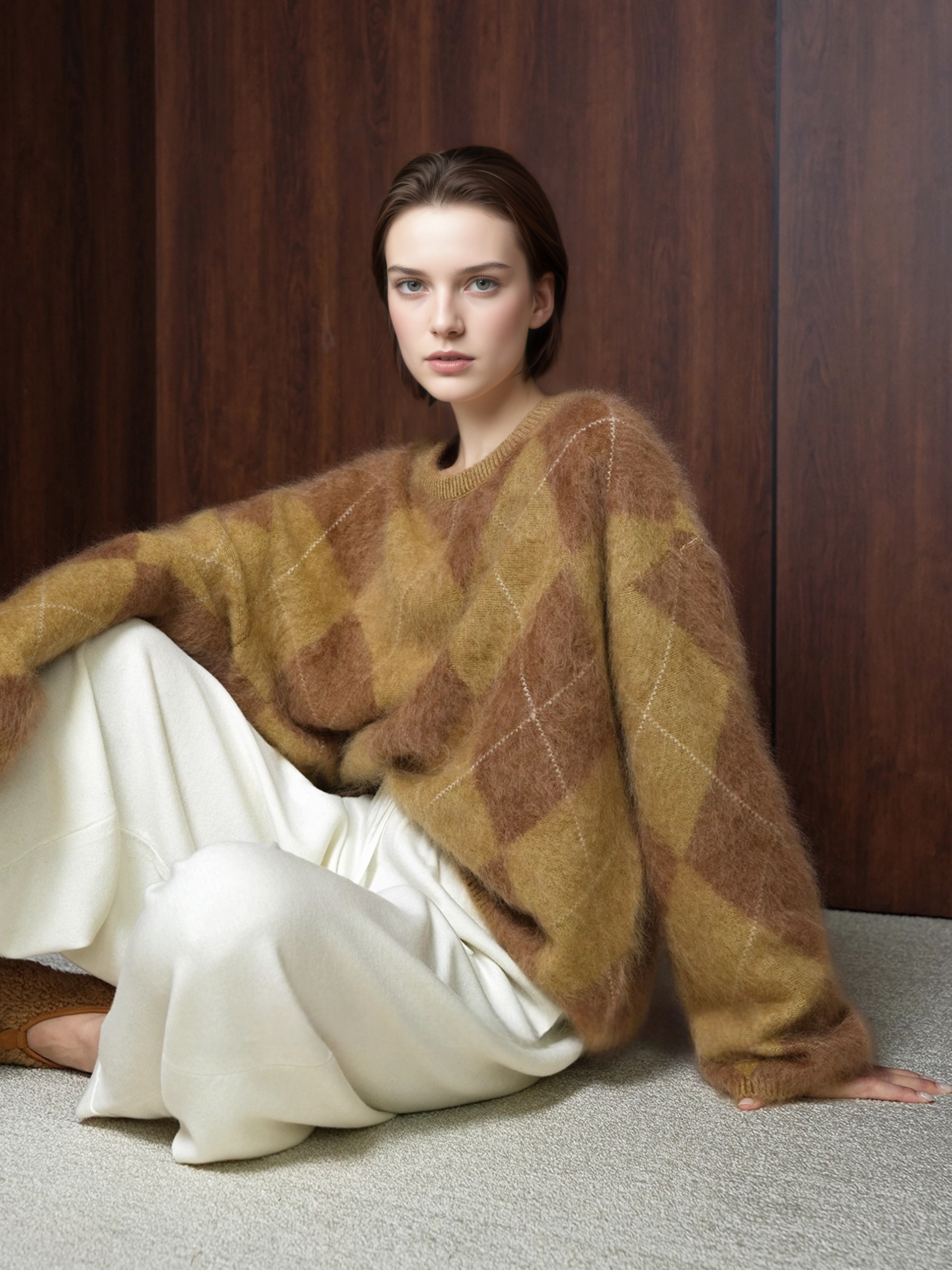 Heavyweight Brushed Knit Vintage Diamond-Pattern Sweater for Women