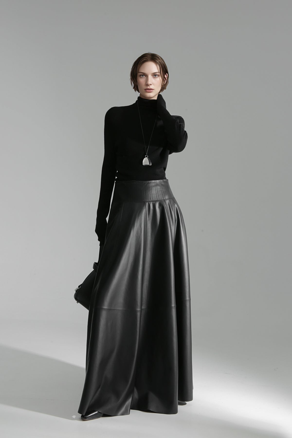 Luxury Black Genuine Sheepskin Midi Skirt – High Waist A-Line Leather Flared Skirt for Women