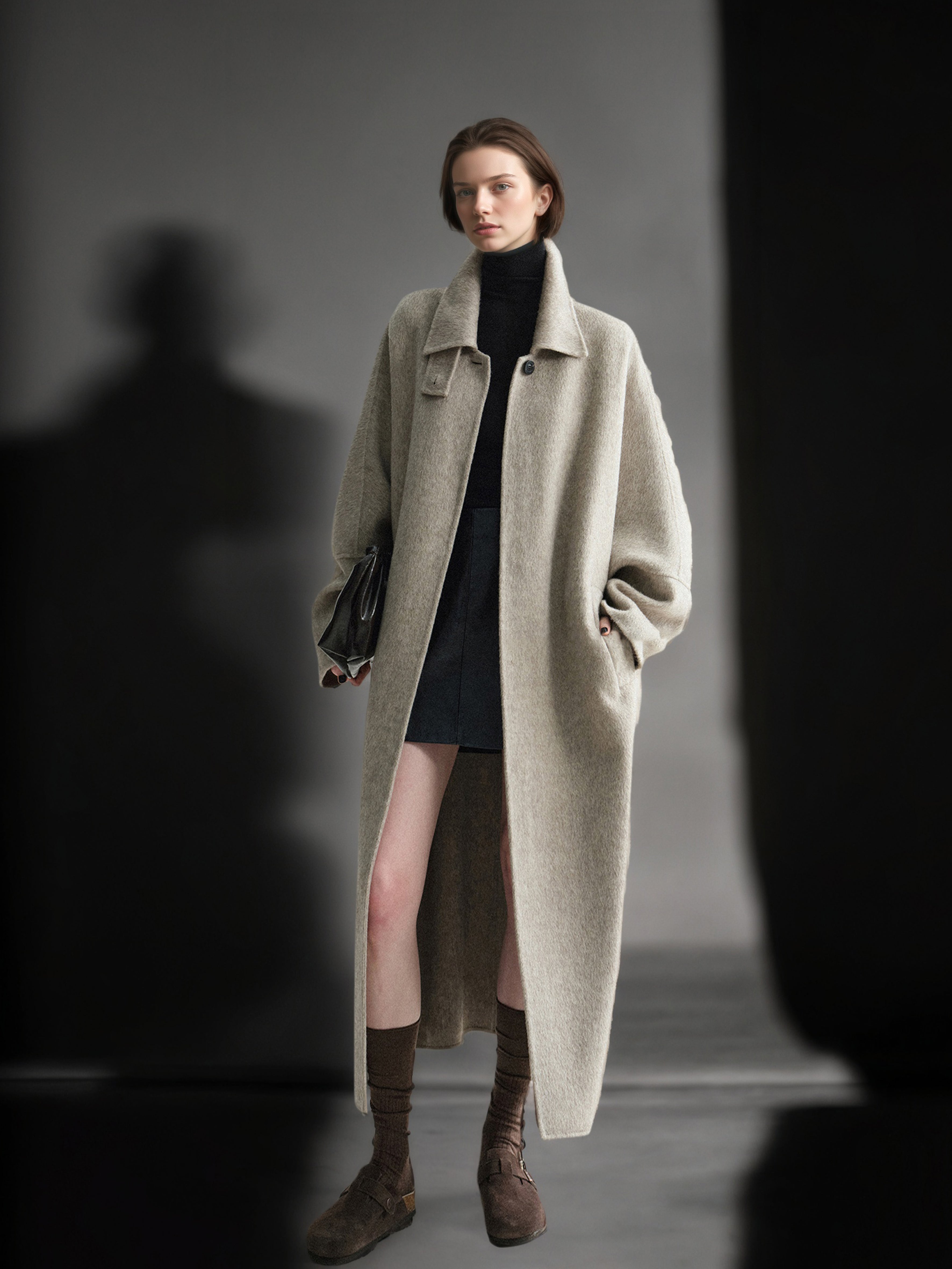 Tailored Wool, Camel & Yak Hair Coat with Complimentary Triangle Scarf – Old Money Style Double-Faced Wool Overcoat for Women Fall/Winter