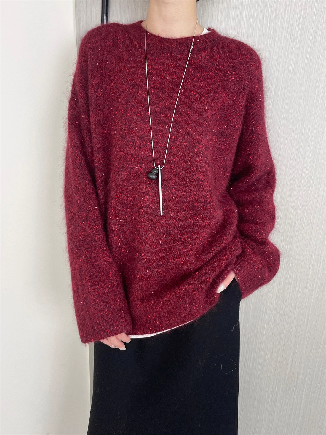 Women’s Premium Mohair Alpaca Wool Sweater | Soft Brushed Knit Pullover with Sequin Yarn for Winter