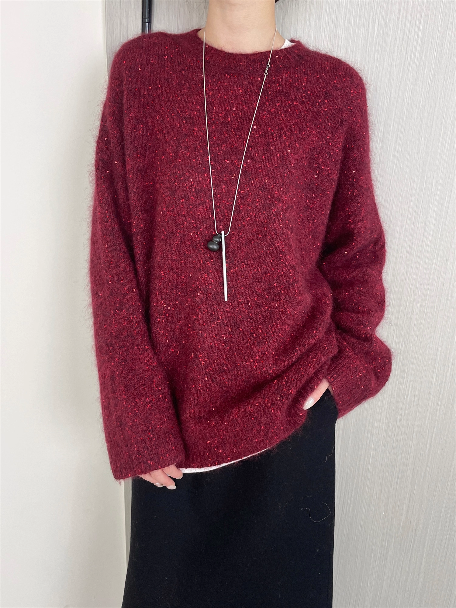 Women’s Premium Mohair Alpaca Wool Sweater | Soft Brushed Knit Pullover with Sequin Yarn for Winter