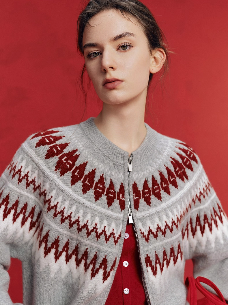 100% Wool Fair Isle Zip-Up Sweater for Women – Winter Knitted Cardigan