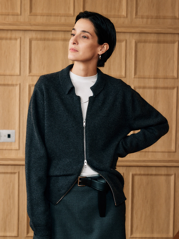 Women’s Heavyweight Australian Superfine Merino Double-Layer Knit Cardigan | Vintage Scallop Collar, Two-Way Zipper & Rolled Hem