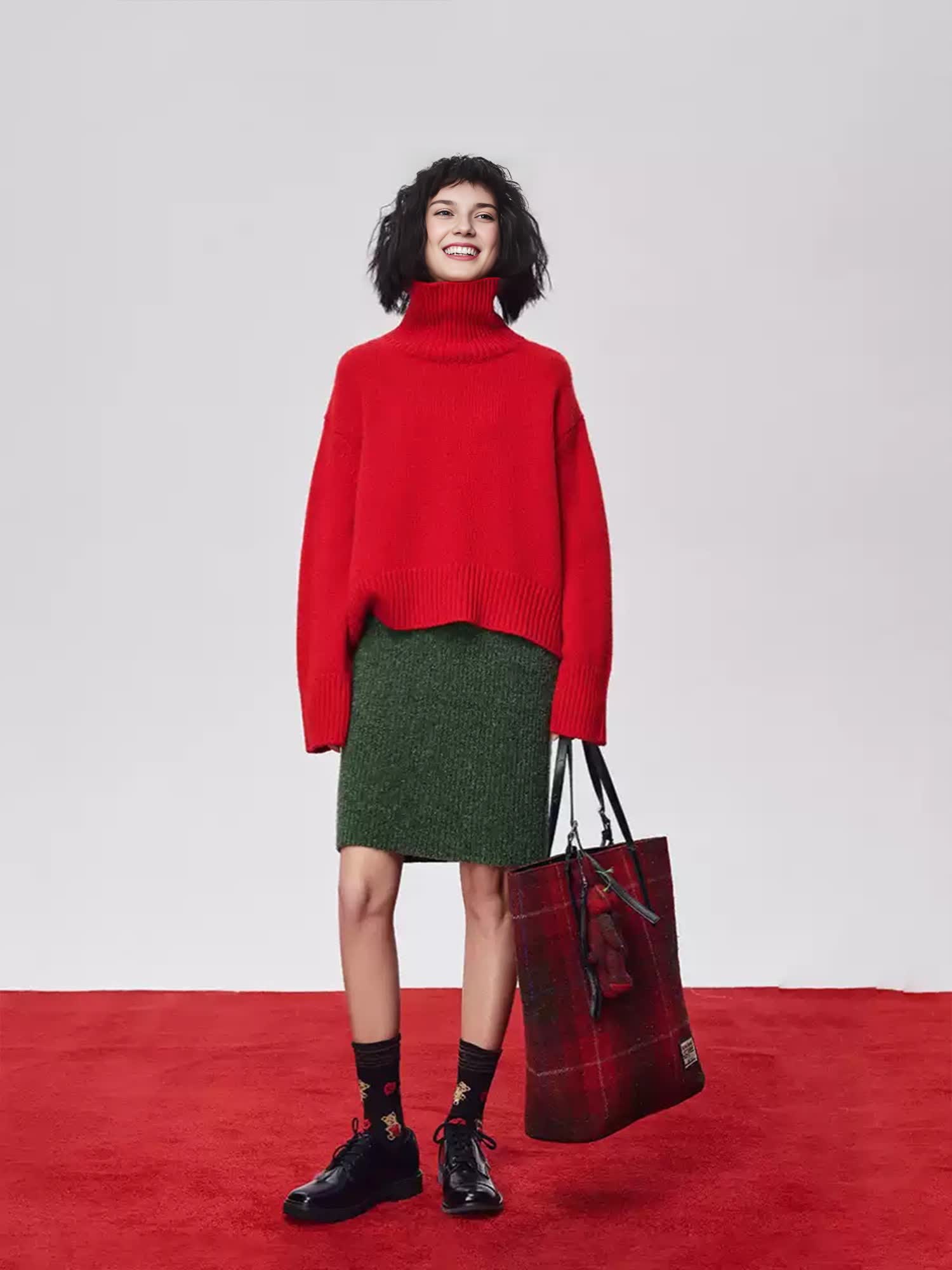 Soft 100% Cashmere Turtleneck Sweater – Vintage Rib-Knit, Thick & Warm in Festive Red-Green Palette