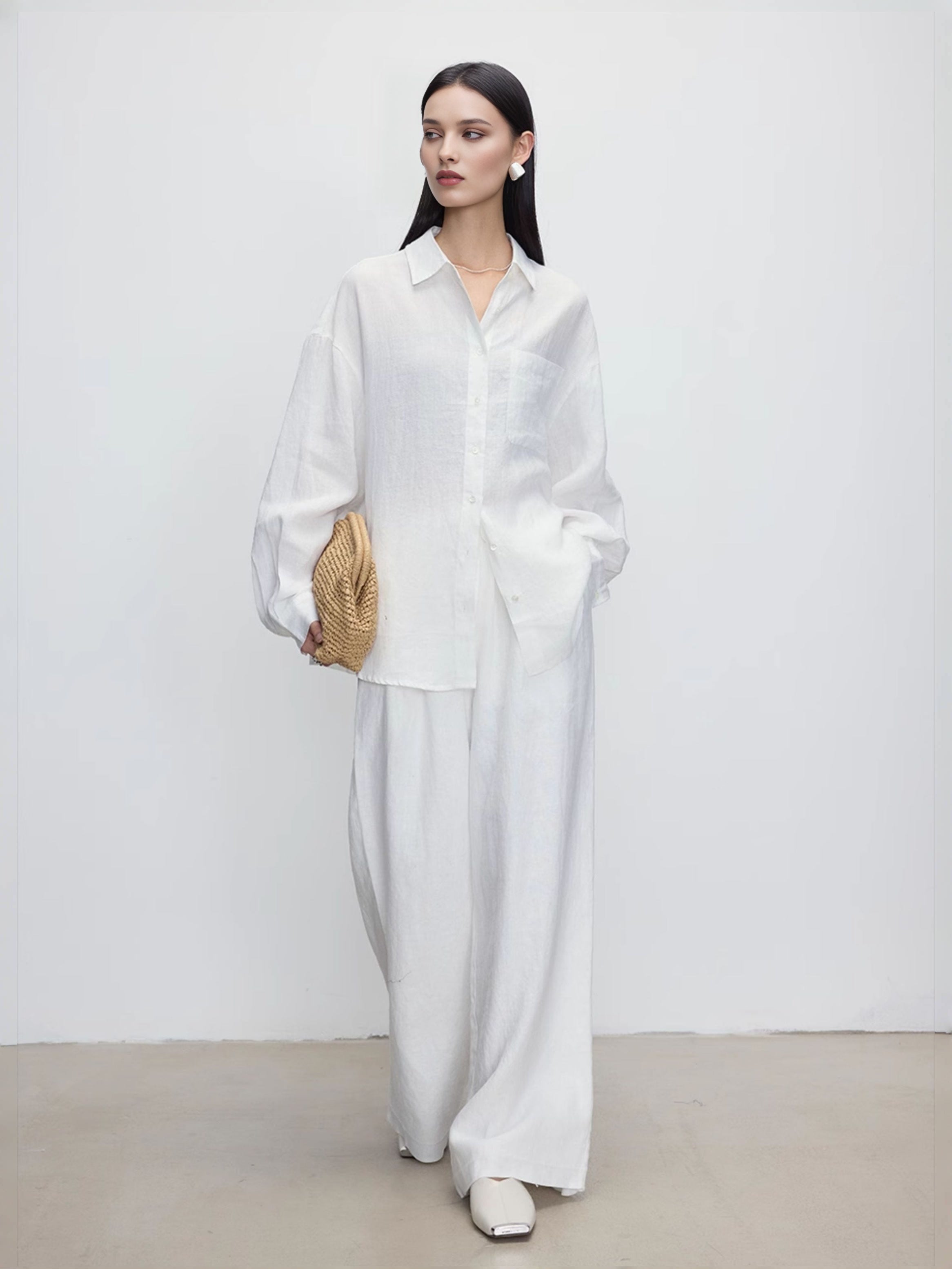 White Linen Long-Sleeve Shirt – 100% Pure Flax, Breathable & Timeless