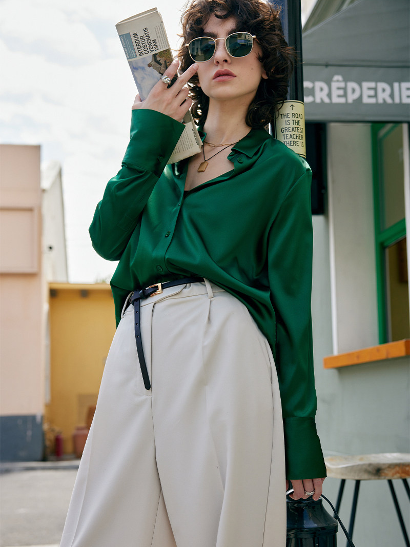 Women's Heavyweight Mulberry Silk Shirt – Relaxed-Fit Solid Color Collared Silk Blouse