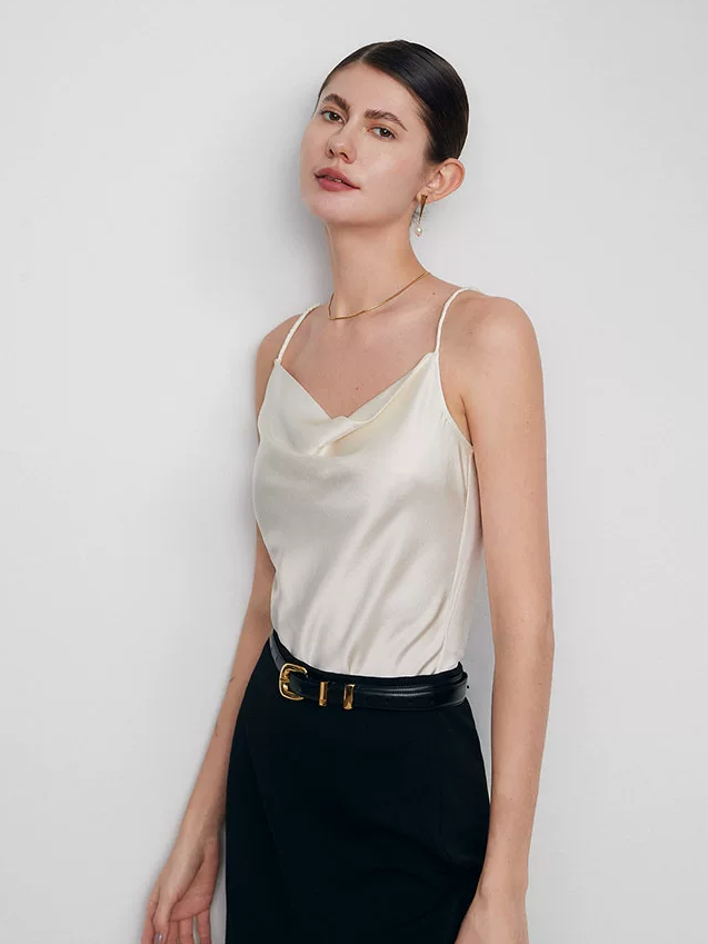 Women's Silky Soft Vanilla White Satin Cowl-Neck Silk Camisole – Elegant Minimalist Slip Top