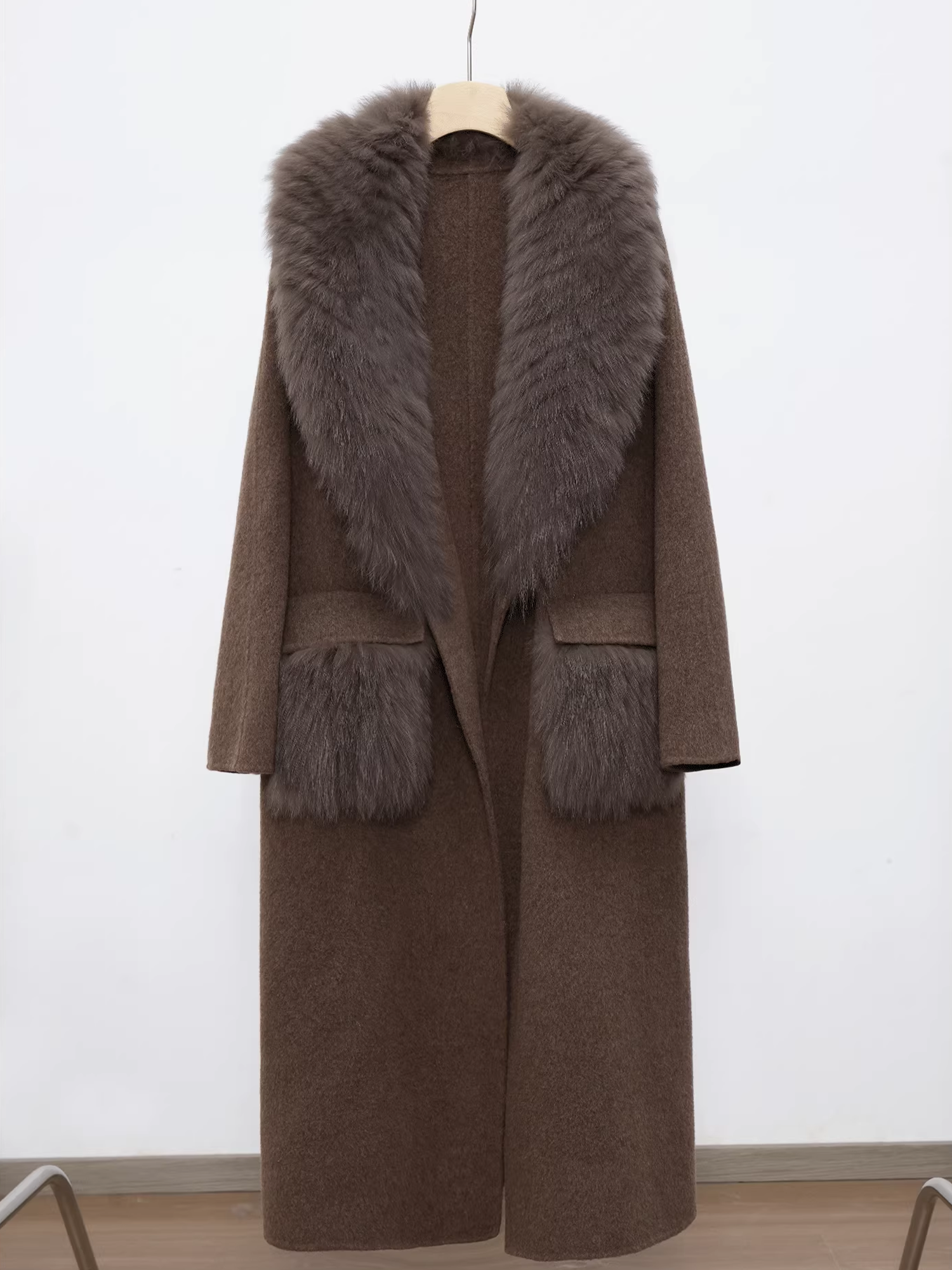 Women’s Long Double-Faced Wool Coat with Fox Fur Collar | 2025 Winter Wool Overcoat