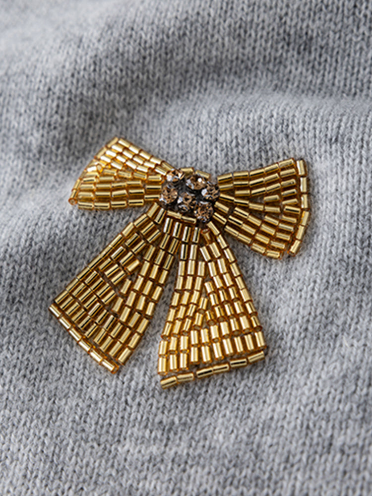 Christmas Collection Beaded Wool Sweater for Women – 100% Merino Wool Crewneck with Bow Detail